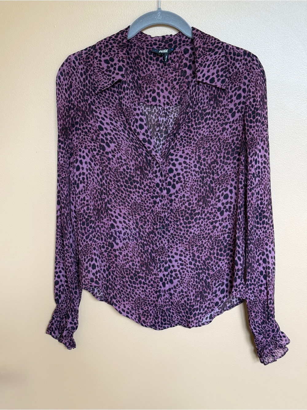 PAIGE Purple Leopard-Print Long Sleeve Blouse 100% Silk Size  XXS